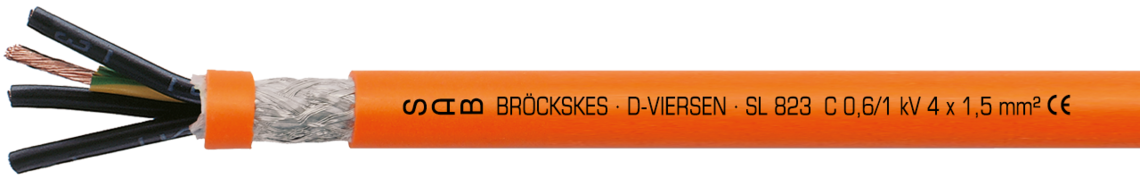 PUR motor connection cable with TPE cores and overall copper screen 0.6/1 kV Marking for SL 823 C 08230415: SAB BRÖCKSKES · D-VIERSEN · SL 823 C 0,6/1 kV 4 x 1,5 mm² CE