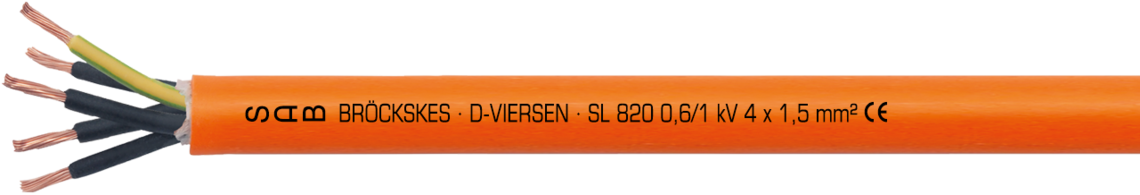 PUR motor connection cable with TPE cores 0.6/1 kV Marking for SL 820 C 08200415: SAB BRÖCKSKES · D-VIERSEN · SL 820 0,6/1 kV 4 x 1,5 mm² CE