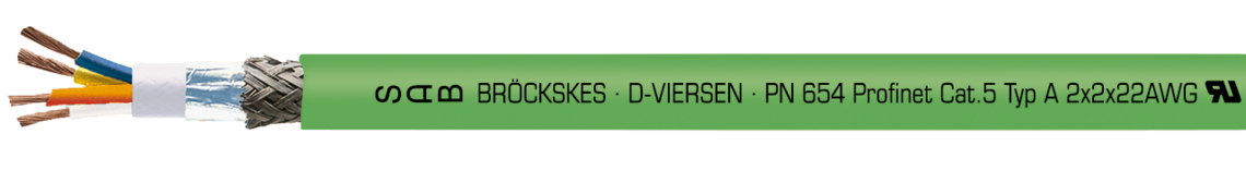 Marking for PN 654 UL Profinet Type A 06549002: SAB BRÖCKSKES · D-VIERSEN · PN 654 UL Profinet CAT 5 Typ A 2x2x22AWG UL AWM Style 2464 80°C 300V CE