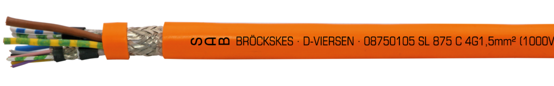 Low capacity hybrid motor connection cable with overall copper screen 0.6/1 kV Marking example: SAB BRÖCKSKES · D-VIERSEN · 08750105 SL 875 C 4G1,5mm² + (2x1,0mm²)C + (2x22AWG)C DESINA cULus AWM Style 21209 I/II A/B 90°C 1000V FT1 FT2 CE