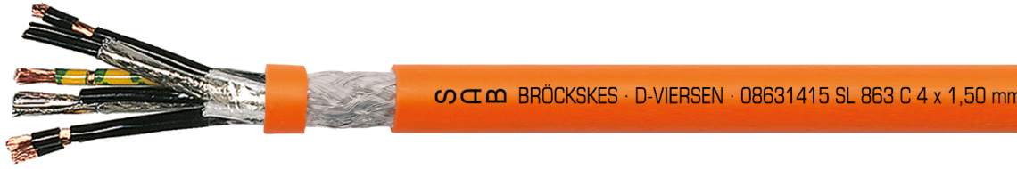 Low capacity combined PVC motor connection cable with overall copper screen 0,6/1 kV Marking for SL 863 C 08631415: SAB BRÖCKSKES · D-VIERSEN · 08631415 4 x 1,50 mm² + (2 x 1,50 mm²) UL AWM Style 21179 80°C 1000V CE