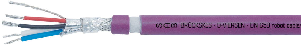 Marking example: SAB BRÖCKSKES · D-VIERSEN · DN 658 robot cable/Drop 2x0,24 mm² +2x0,38 mm² 24 AWG/1pr+22 AWG/1pr UL AWM Style 21198 80°C 300V 06589007 CE