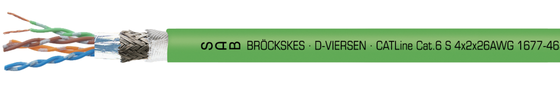 Marking for CATLine CAT 6 S: SAB BRÖCKSKES · D-VIERSEN · CATLine Cat.6 S 4x2x26AWG 1677-4630 UL AWM Style 20549 80°C 300V CSA AWM I/II A/B 80°C 300V FT2 CE