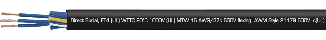 Marking example: SAB BRÖCKSKES · D-VIERSEN · TR 600 blue 16 AWG/12c 02861612 TFFN  (UL) Type TC-ER 90°C 600V, Oil Resistant I, Sunlight Resistant, Direct Burial, FT4 (UL) WTTC 90°C 1000V (UL) MTW 16 AWG/37c 600V flexing  AWM Style 21179 600V  c(UL) Type CIC 90°C dry 600V FT1 FT2 FT4 CE