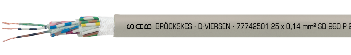 Marking for SD 980 P 77742501: SAB BRÖCKSKES · D-VIERSEN · 77742501 25 x 0,14 mm² SD 980 P 26 AWG/25c 77742625 UL AWM Style 21198 80°C 300V CSA AWM I/II A/B 80°C 300V FT1 FT2 CE