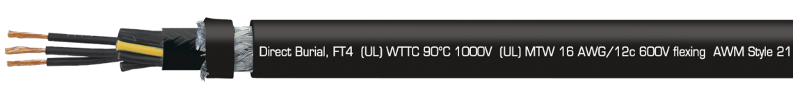 Marking example: SAB BRÖCKSKES · D-VIERSEN · TR 600 Auto CY black 16 AWG/12c 32261612 TFFN  (UL) Type TC-ER 90°C 600V, Oil Resistant I, Sunlight Resistant, Direct Burial, FT4  (UL) WTTC 90°C 1000V  (UL) MTW 16 AWG/12c 600V flexing  AWM Style 21179 600V  c(UL) Type CIC Shielded 90°C dry 600V FT1 FT2 FT4 CE