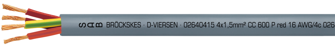 Marking for CC 600 P red 02640510: SAB BRÖCKSKES · D-VIERSEN · 02640510 5 x 1,0 mm² CC 600 P red 18 AWG/5c 02641805 UL AWM Style 21060 80°C 600V CSA AWM I/II A/B 80°C 600V FT1 FT2 CE