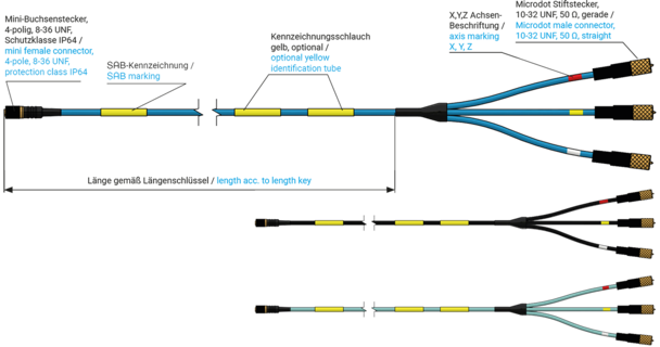 with mini female connector 8-36 UNF, 4-pole and 3 x Microdot male connector 10-32 UNF