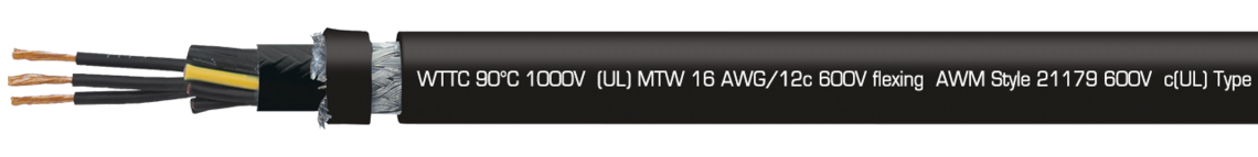 Marking example: SAB BRÖCKSKES · D-VIERSEN · TR 600 CY Lean 16 AWG/12c 32241612 TFFN  (UL) Type TC-ER 90°C 600V, Oil Resistant I, Sunlight Resistant, Direct Burial, FT4  (UL) WTTC 90°C 1000V  (UL) MTW 16 AWG/12c 600V flexing  AWM Style 21179 600V  c(UL) Type CIC SHIELDED 90°C dry 600V FT1 FT2 FT4 CE
