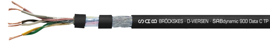 Continuously flexible paired SABIX®/PUR data cable, robust, oil resistant and flame retardant with coloured cores and overall copper screen Marking example:
SAB BRÖCKSKES · D-VIERSEN · SABdynamic 900 Data 3x2x0,34mm² cULus AWM Style 20233 AWM I/II A/B 80°C 300V FT1 FT2 0901-0303 CE