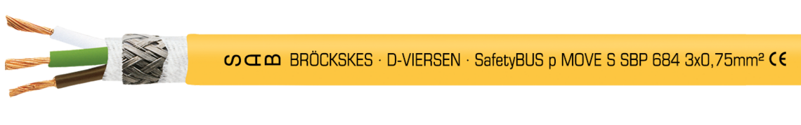 Marking for S SBP 684 Move 06843754: SAB BRÖCKSKES · D-VIERSEN · SafetyBUS p MOVE S SBP 684 3 x 0,75 mm² CE and current meter marking from 1 m up to 999 m