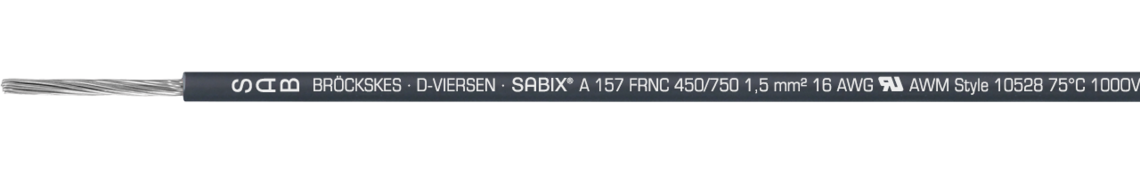 Marking for SABIX® A 157 FRNC 61570182: SAB BRÖCKSKES · D-VIERSEN · SABIX® A 157 FRNC 450/750V 1,5 mm² 16 AWG UL AWM Style 10528 75°C 1000V CE