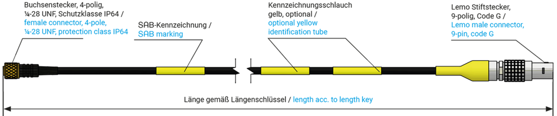 with female connector ¼-28 UNF, 4-pole and Lemo male connector, 9-pole, code G