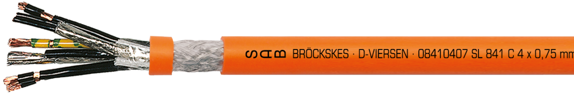 Marking for SL 841 C 08410407: SAB BRÖCKSKES · D-VIERSEN · 08410407 SL 841 C 4 x 0,75 mm² (1000V) + 2 x (2 x 0,34 mm²) (300V) UL AWM Style 20235 80°C CSA AWM I/II A/B 80°C 300V FT1 FT2 CE