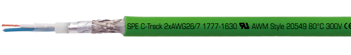 Marking example: SAB BRÖCKSKES · D-VIERSEN · CATLine SPE C-Track 2xAWG26/7 1777-1630 UL AWM Style 20549 80°C 300V CE