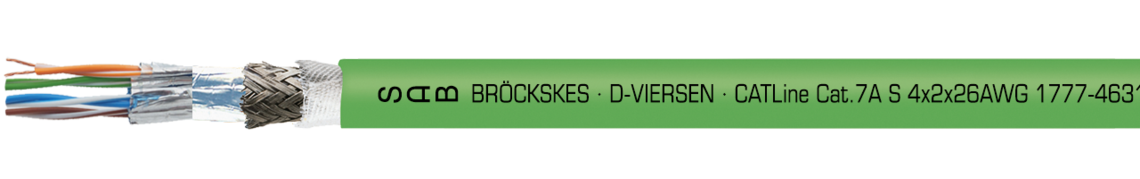 CAT 7A Gigabit Ethernet cable, suitable for cable tracks with UL recognition, CSA approval Marking for CATLine CAT 7A S: SAB BRÖCKSKES · D-VIERSEN · CATLine Cat.7A S 4x2x26AWG 1777-4631 UL AWM Style 20549 80°C 300V CSA AWM I/II A/B 80°C 300V FT2 CE