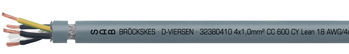 Marking for CC 600 CY Lean 32381804: SAB BRÖCKSKES · D-VIERSEN · 4 x 1,0 mm² CC 600 CY Lean 18 AWG/4c 32381804 VDE-Reg.-Nr. 7000 UL AWM Style 21216 90°C Oil 60°C 600V CSA AWM I/II A/B 90° 600V FT1 FT2 CE