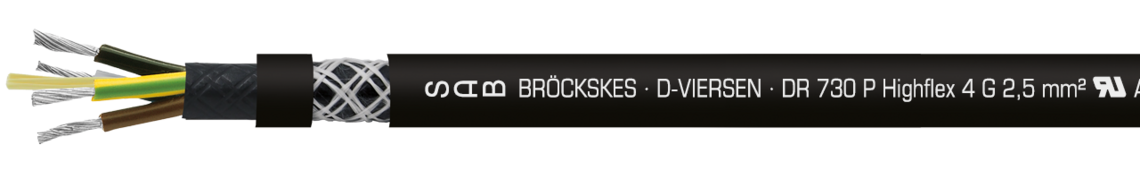 Marking for DR 730 P Highflex 07301215:
SAB BRÖCKSKES · D-VIERSEN · DR 730 P Highflex 12 G 1,5 mm2 U AWM Style 21897 80°C cU AWM I/II A/B 80°C 600V FT1 FT2 C