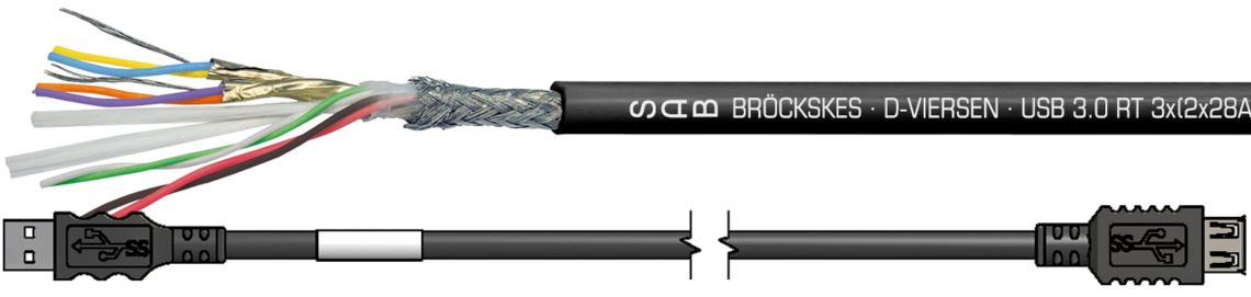 Marking example:
SAB BRÖCKSKES · D-VIERSEN · USB 3.0 RT 3x(2x28AWG)ST+2x26AWG 0604-3098 UL AWM Style 20549 80°C 300V  CE