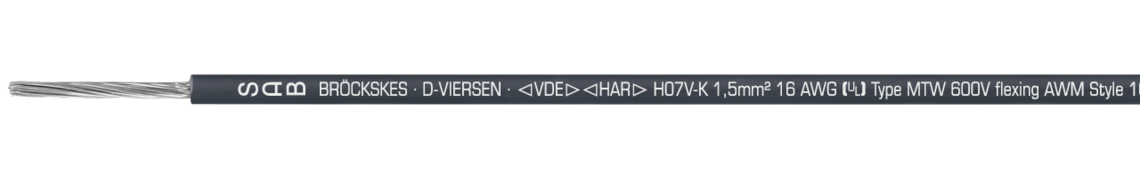 Marking for H07V-K/MTW/TEW 31670182: SAB BRÖCKSKES · D-VIERSEN · < VDE > < HAR > H07V-K 1,5 mm² 16 AWG (UL) Type MTW 600V flexing AWM Style 1015/10519 105°C 600V VW1 CSA Type TEW 105°C 600V FT1 CE