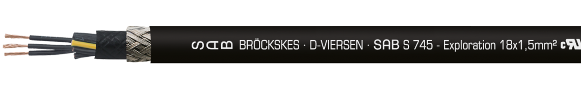 Marking example: SAB BRÖCKSKES · D-VIERSEN · SAB S 745 - Exploration 18x1,5mm² cULus AWM Style 21233 80°C 1000V AWM I/II A/B 80°C 1000V FT1 FT2  0745-0715  CE