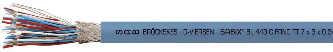 Marking for SABIX® BL 443 C FRNC TT 64430734: SAB BRÖCKSKES · D-VIERSEN ·  SABIX® BL 443 C FRNC TT 7 x 3 x 0,34 mm² - IEC 60332-3-22 - 300V DNV CE and current meter marking