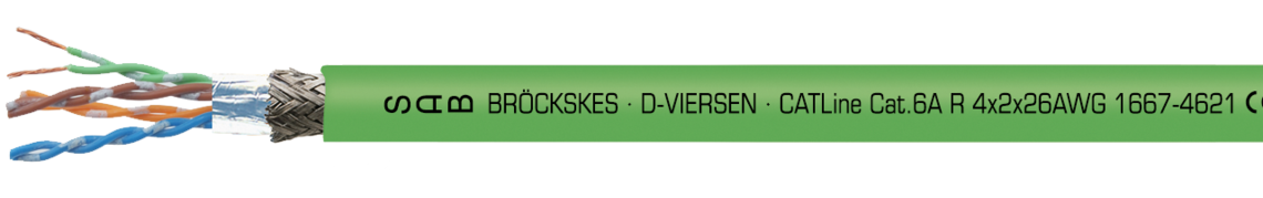 halogen-free Industrial Ethernet Cables for Railway Technology Marking for CATLine CAT 6A R 16674621: SAB BRÖCKSKES · D-VIERSEN · CATLine Cat.6A R 4x2x26AWG 1667-4621 CE