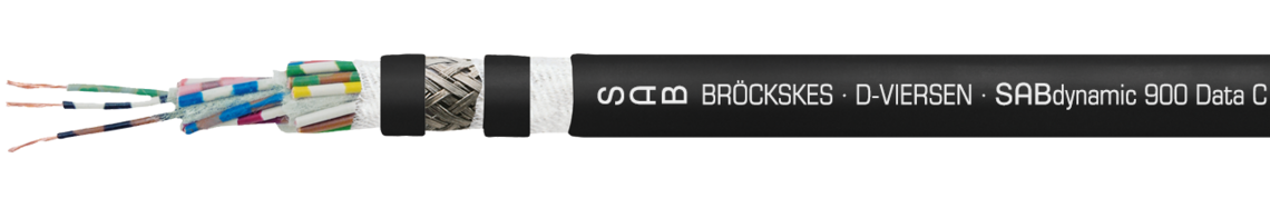 Continuously flexible SABIX®/PUR data cable, robust, oil resistant and flame retardant
with coloured cores and overall copper screen Marking example:
SAB BRÖCKSKES · D-VIERSEN · SABdynamic 900 Data C 25x0,14mm² cULus AWM Style 21209 AWM I/II A/B 90°C 300V FT1 FT2 0902-2501 CE